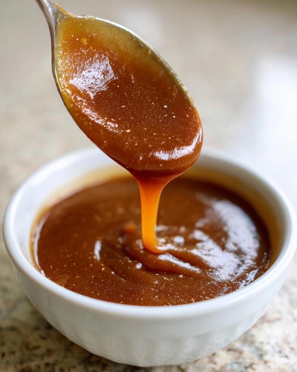 Close-up of thick, rich homemade brown gravy dripping from a spoon into a small white bowl.