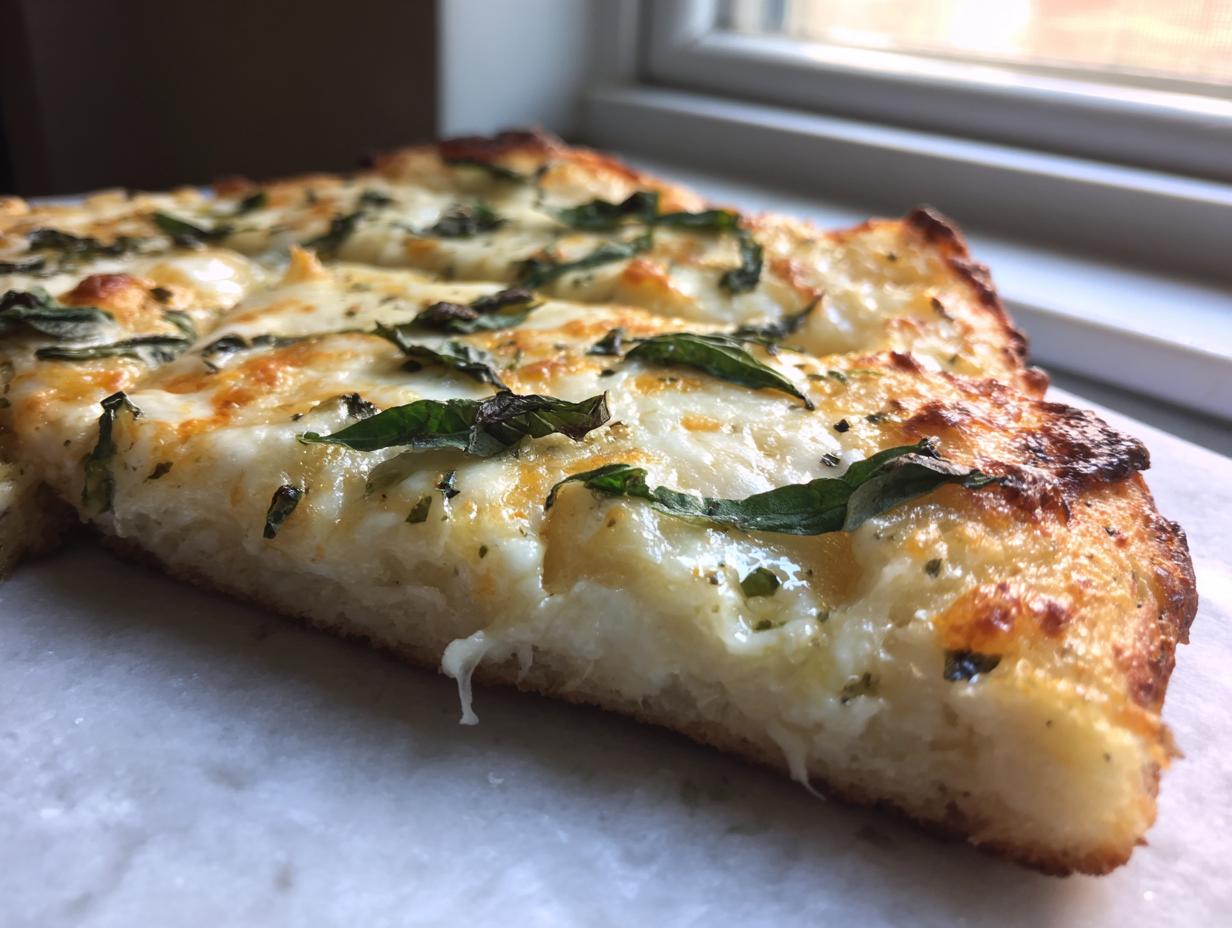 Close-up of a thick slice of pizza showing the fluffy keto pizza crust, topped with melted mozzarella and fresh basil.