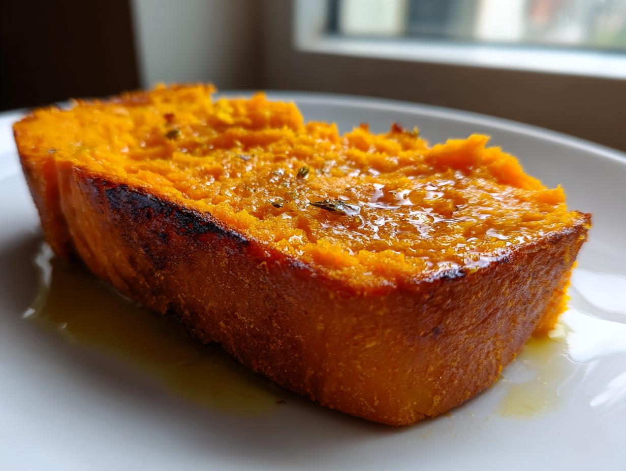 A thick, bright orange slice of sweet potato toast, toasted and drizzled with a shiny glaze and herbs.