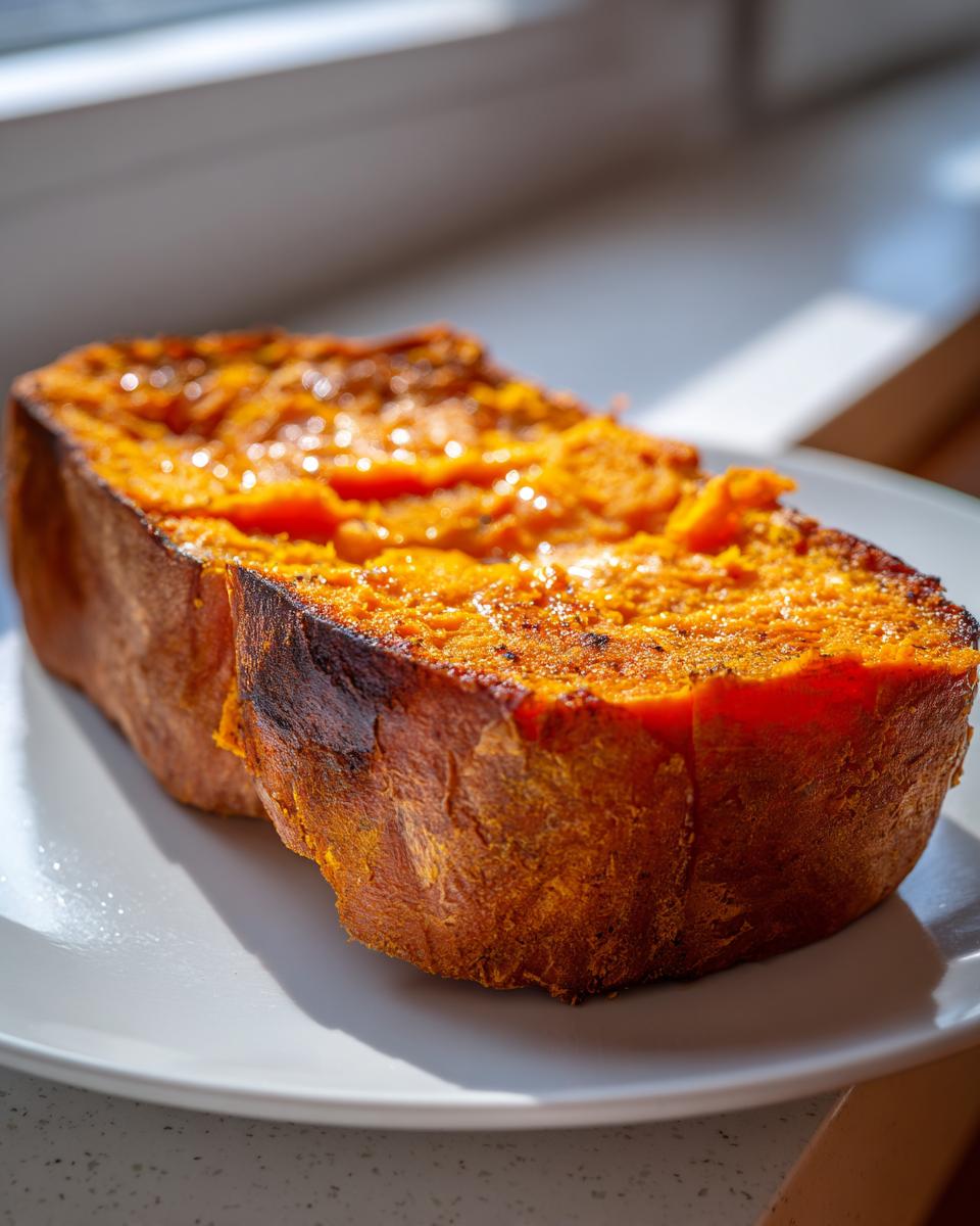 Two thick slices of toasted sweet potato toast, showing the bright orange interior and slightly charred edges, served on a white plate.
