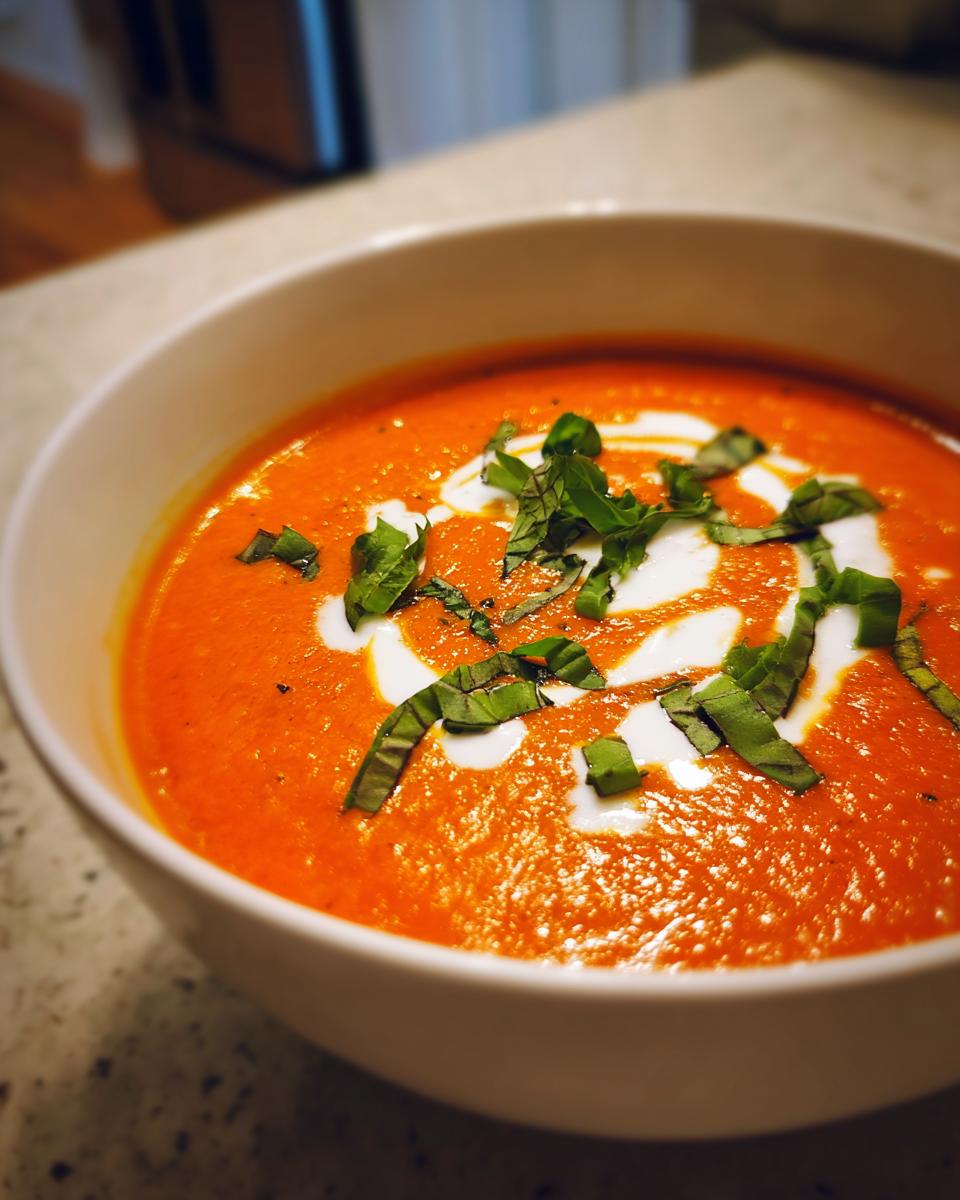 Close-up of a vibrant bowl of tomato basil soup, swirled with cream and topped with fresh basil.