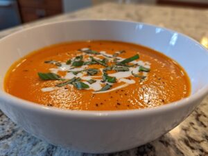 A close-up of a bowl of vibrant orange tomato basil soup, swirled with cream and topped with fresh basil.