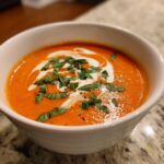 A close-up of a white bowl filled with rich, orange tomato basil soup, topped with a swirl of cream and fresh chiffonade basil.