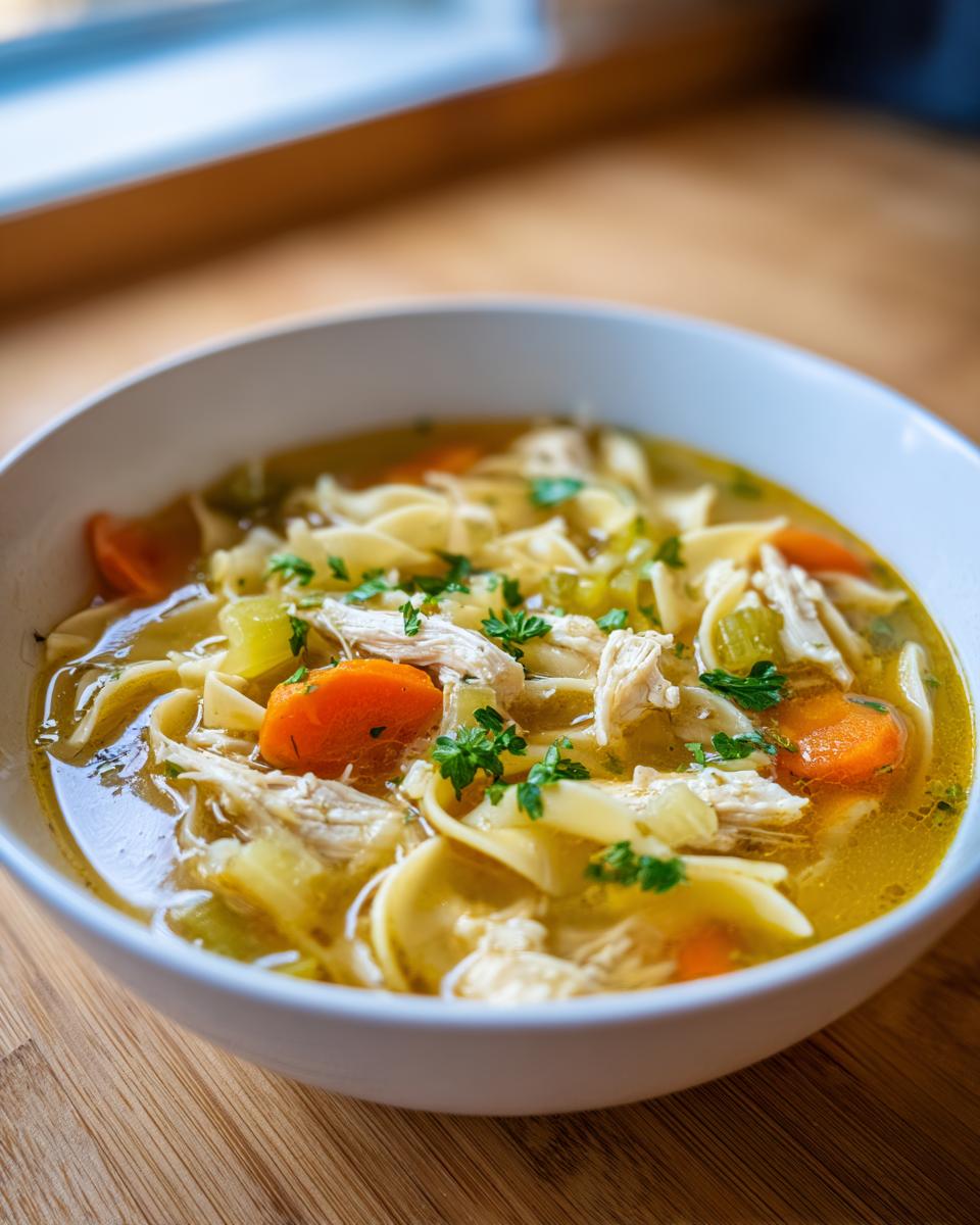 Close-up of a white bowl filled with steaming turkey noodle soup, featuring shredded meat, egg noodles, carrots, and parsley garnish.