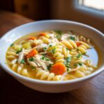 A close-up of a white bowl filled with rich turkey noodle soup, featuring shredded turkey, carrots, celery, and rotini pasta.