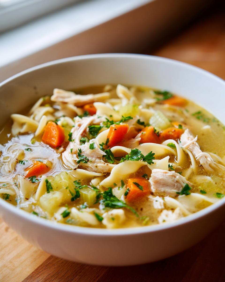 Close-up of a white bowl filled with steaming turkey noodle soup, featuring shredded turkey, egg noodles, carrots, and parsley.
