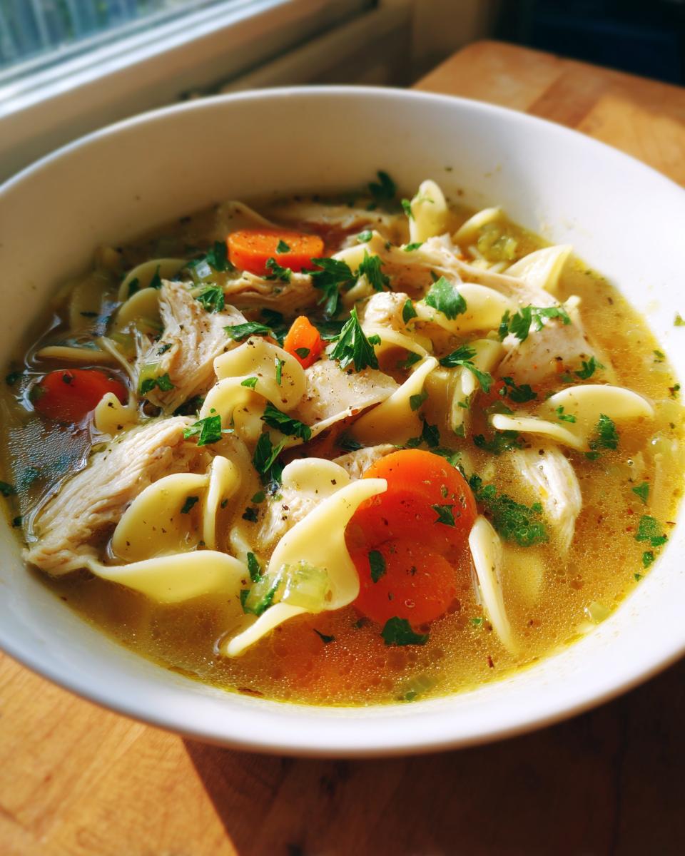 Close-up of a white bowl filled with steaming turkey noodle soup, featuring shredded turkey, egg noodles, and bright orange carrots.