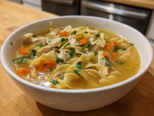 Close-up of a white bowl filled with rich turkey noodle soup, featuring shredded turkey, egg noodles, and sliced carrots.
