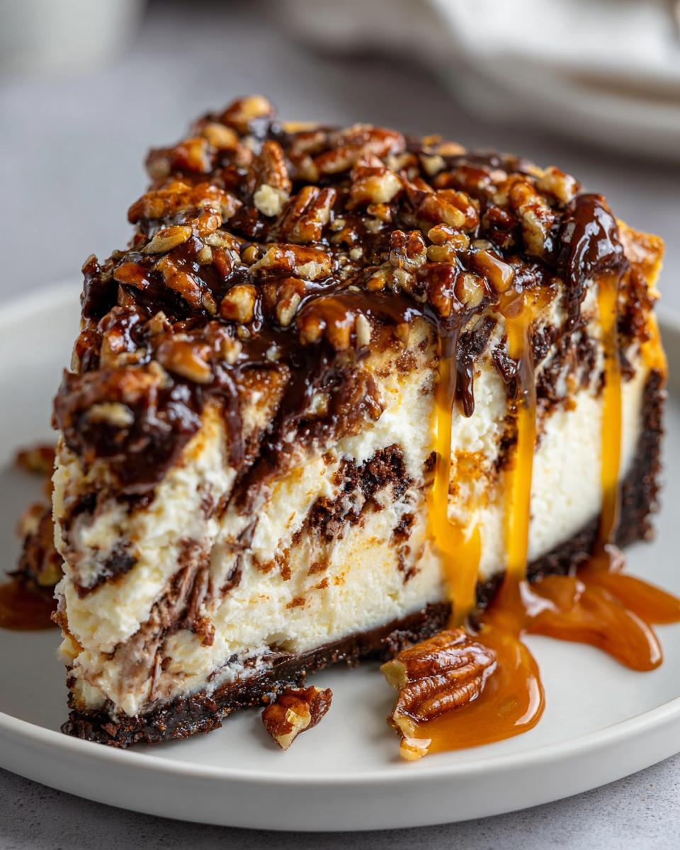 A rich slice of turtle cheesecake featuring a chocolate crust, creamy filling swirled with chocolate, topped with pecans and dripping caramel sauce.