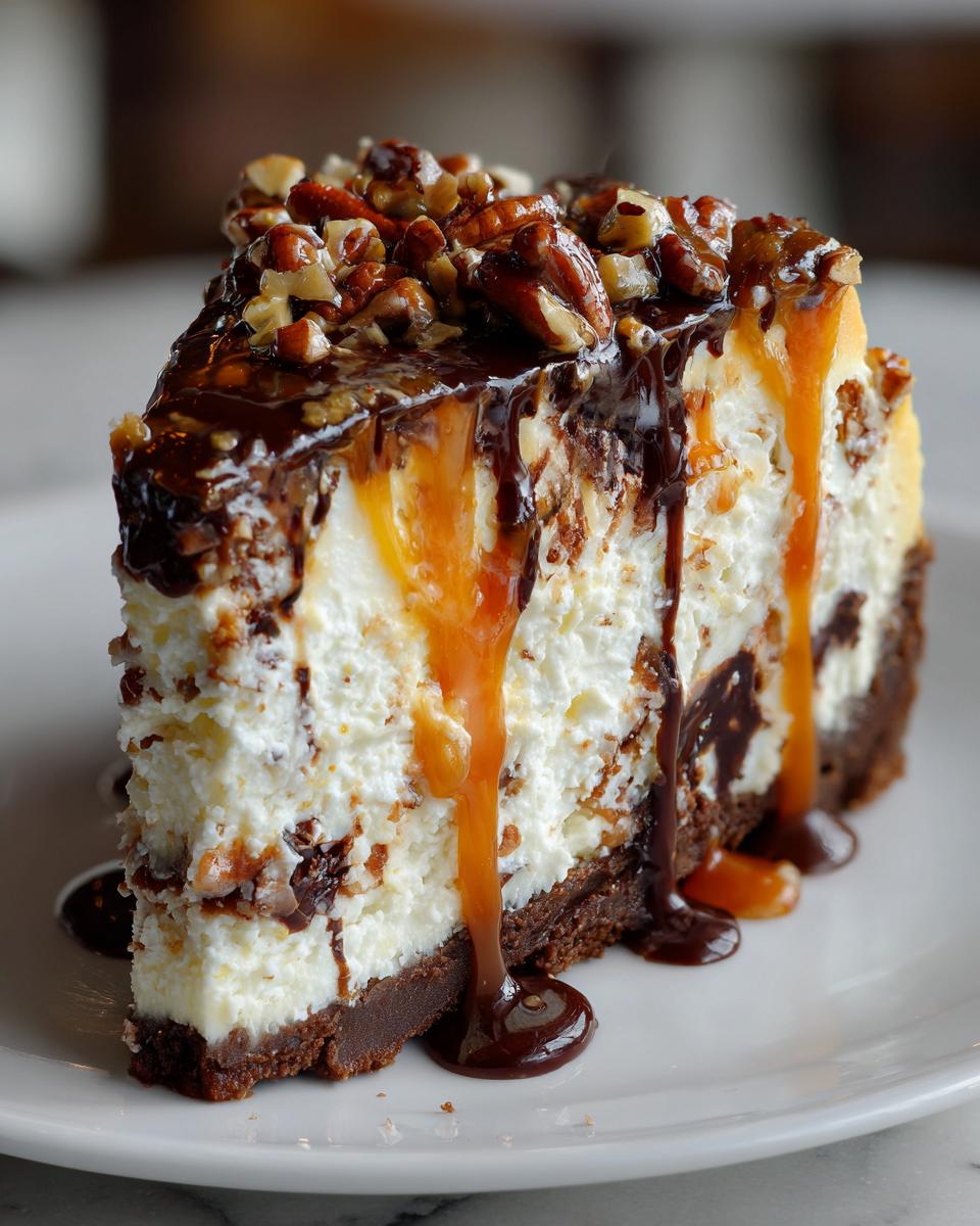 A rich slice of turtle cheesecake featuring a chocolate crust, creamy filling, drizzled with caramel and chocolate sauce, topped with pecans.