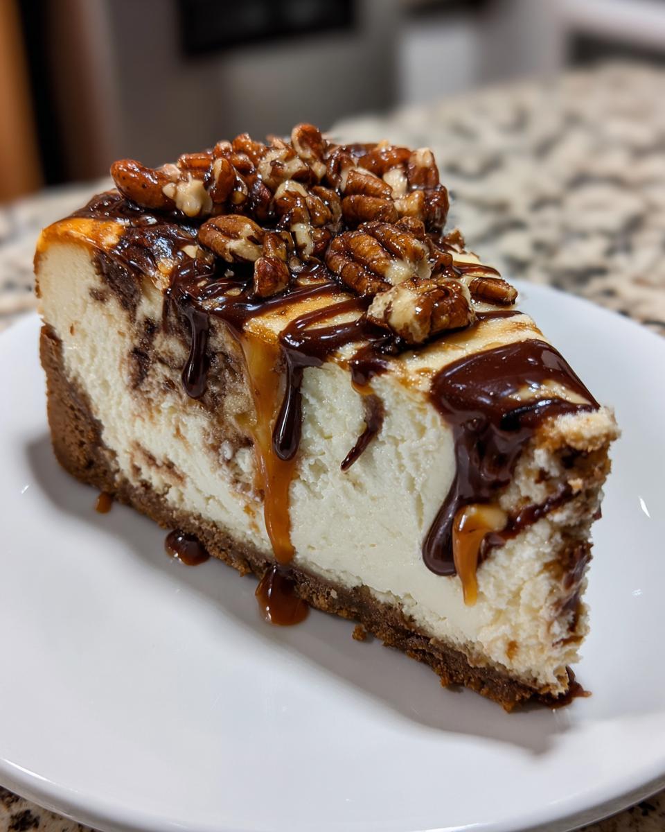 A close-up of a rich slice of turtle cheesecake topped with chocolate drizzle, caramel, and candied pecans.
