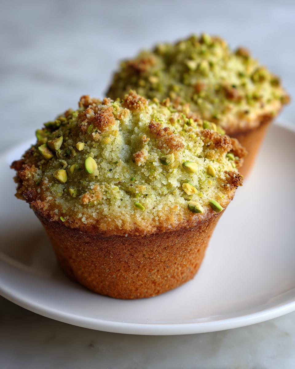 Close-up of two freshly baked pistachio muffins topped with green pistachio crumbles on a white plate.