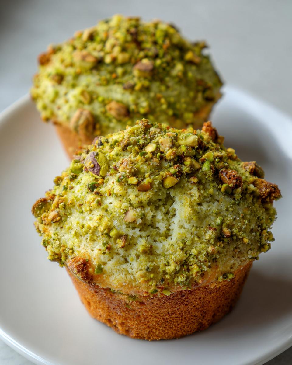 Close-up of two golden-brown pistachio muffins generously topped with bright green crushed pistachios.