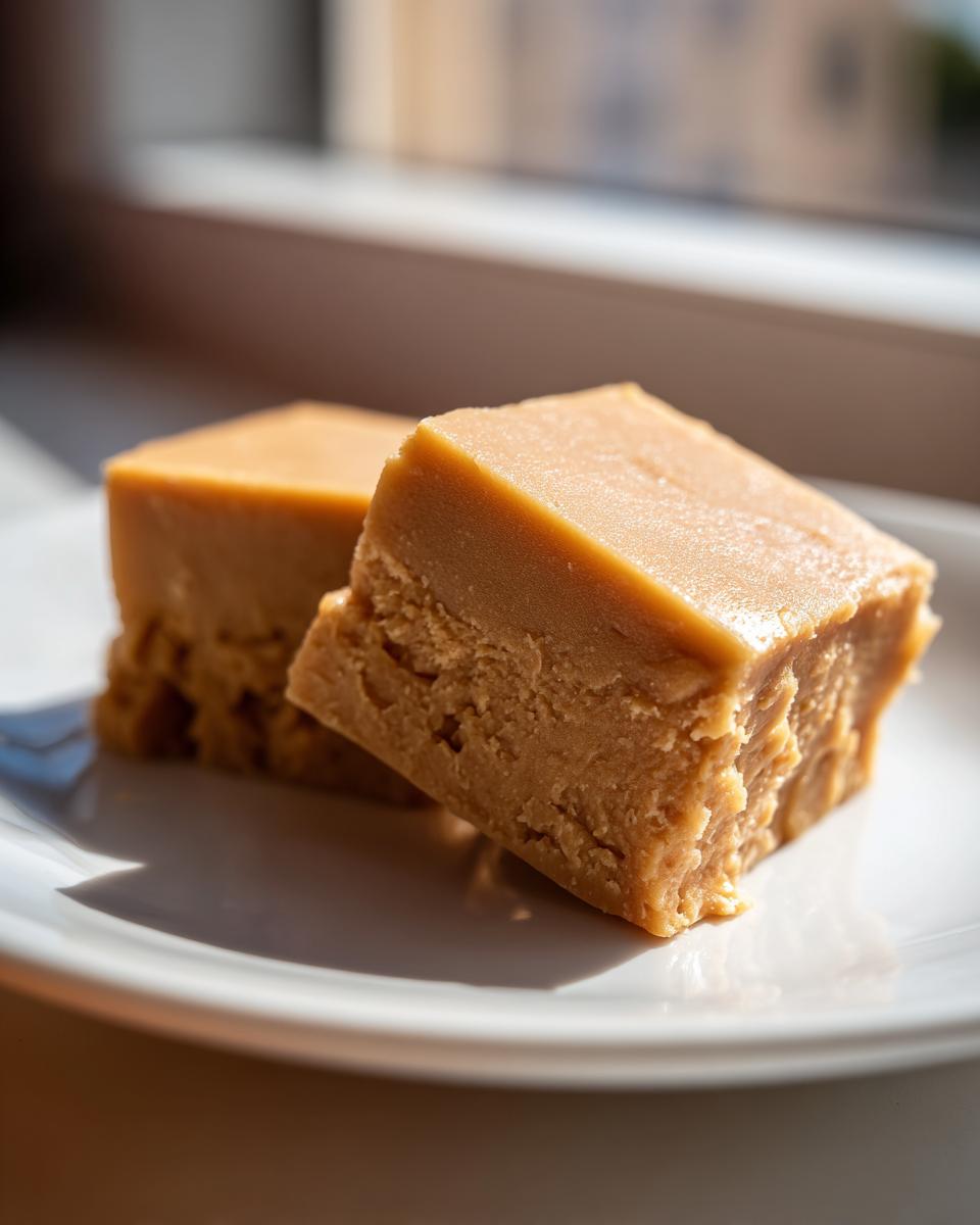 Close-up of two rich, tan squares of penuche fudge sitting on a white plate, highlighted by bright sunlight.