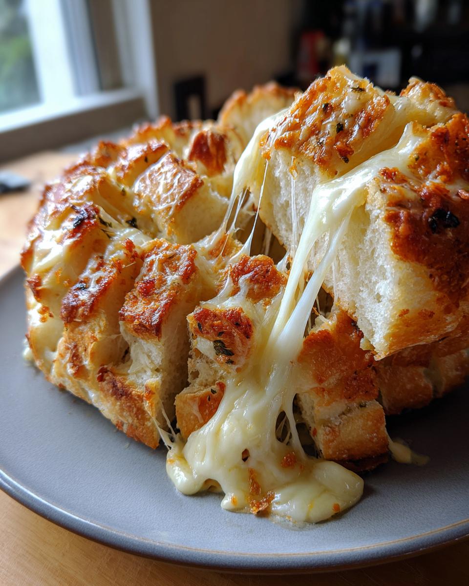 Close-up of ultimate cheese bread, scored and baked, showing incredible, stringy melted cheese pull.