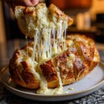 A hand pulling apart a piece of ultimate cheese bread, showing long, gooey strands of melted cheese.