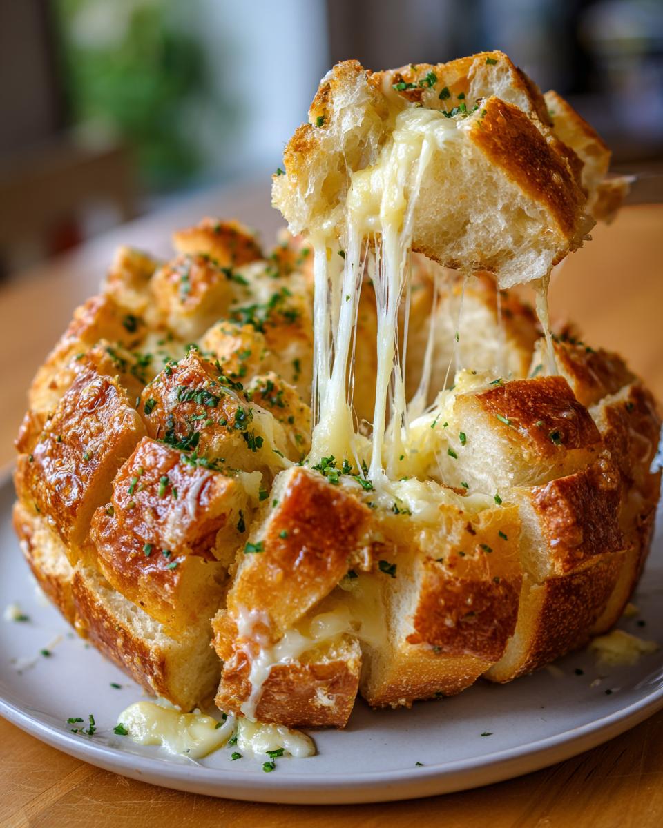 A piece of ultimate cheese bread being pulled away, showing long, irresistible strings of melted cheese.