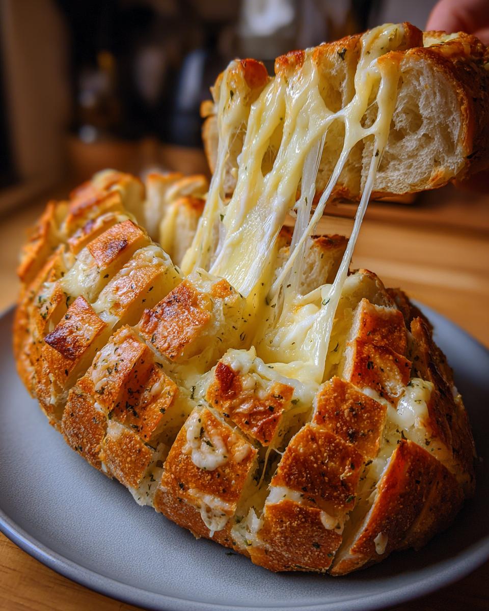 A hand pulling apart a section of baked cheese bread, showing long, gooey strings of melted cheese.