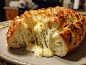 Close-up of ultimate cheese bread, scored and baked with melted, stringy cheese pulling out.