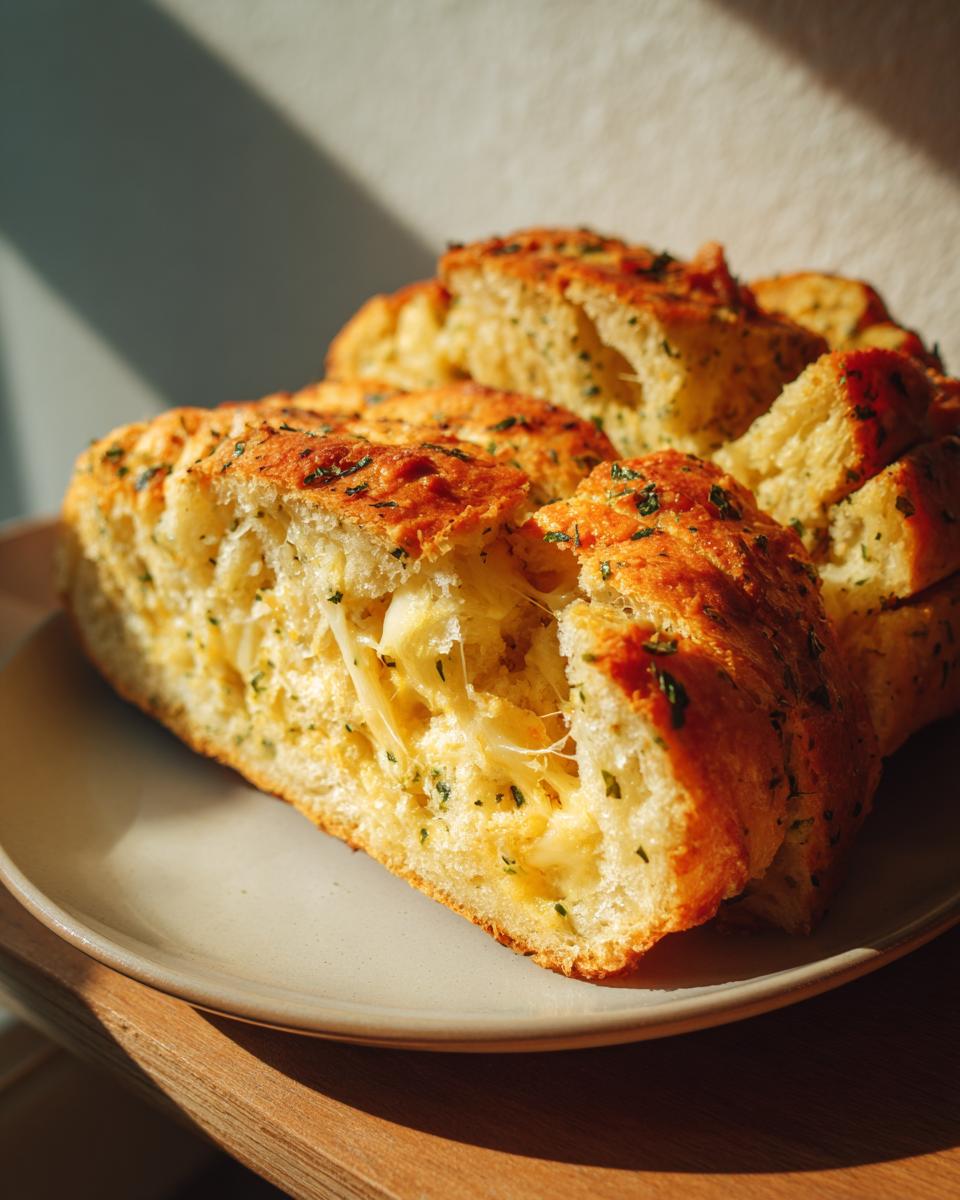 A close-up of freshly baked cheese bread, showing melted, stretchy cheese inside and a golden, herb-topped crust.
