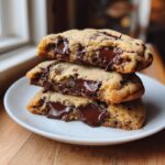 Three halves of an ultimate chocolate chip cookie stacked, showing gooey, melted chocolate centers.