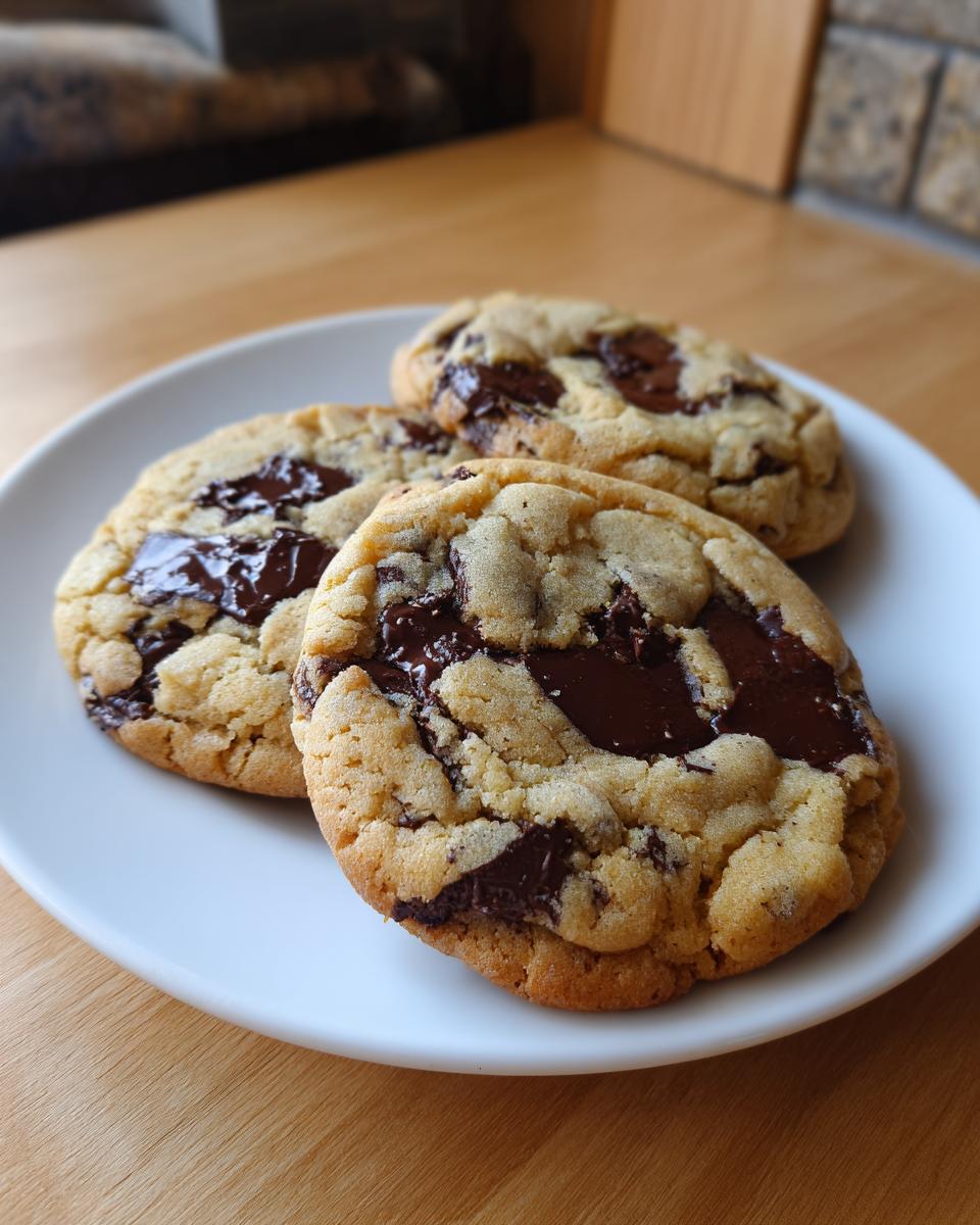 Three freshly baked chocolate chip cookie treats with melted chocolate chunks resting on a white plate.