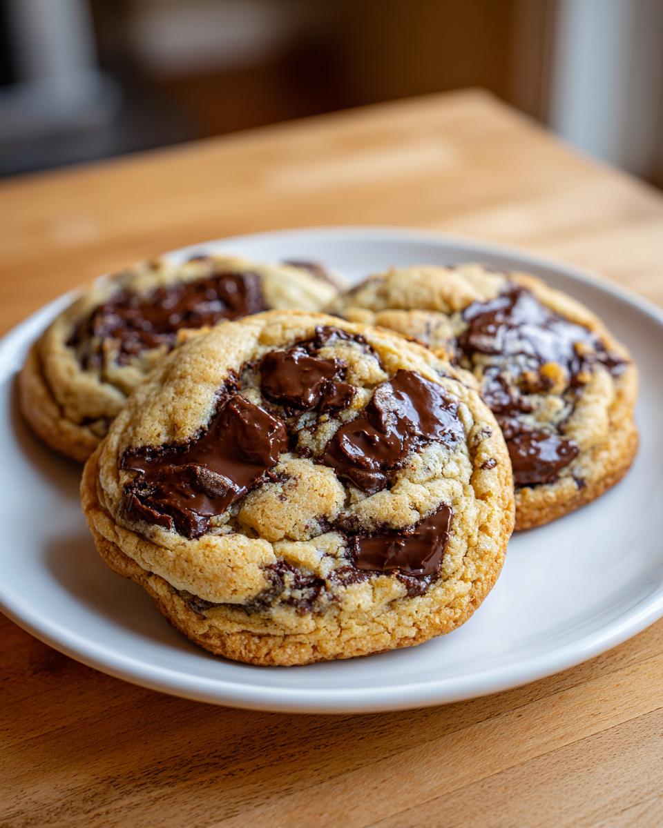 Close-up of three freshly baked chocolate chip cookie treats with melted chocolate chunks on a white plate.