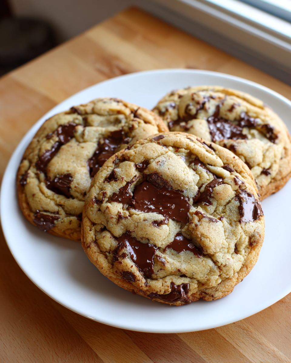 Three freshly baked ultimate chocolate chip cookies with melted chocolate chunks served on a white plate.