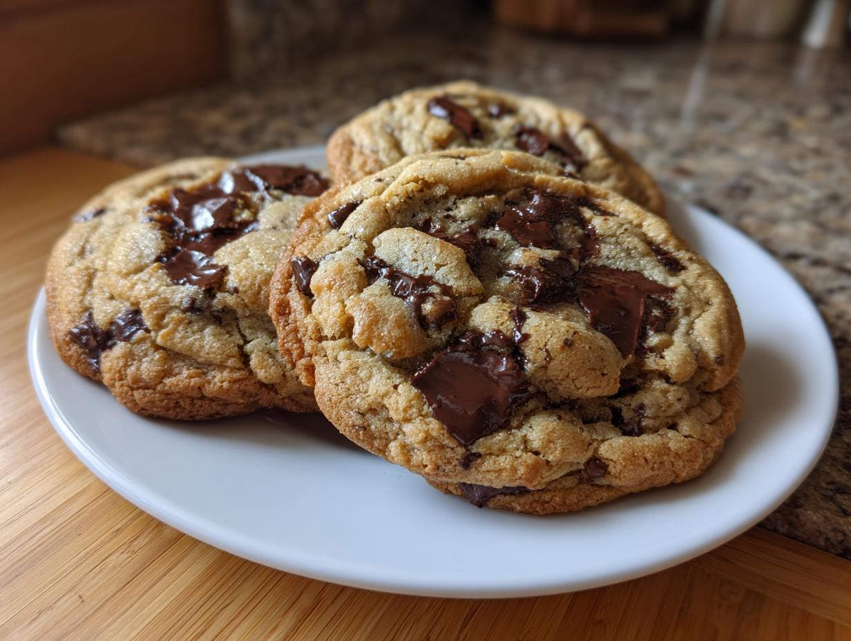 Close-up of three freshly baked ultimate chocolate chip cookie treats stacked slightly on a white plate.