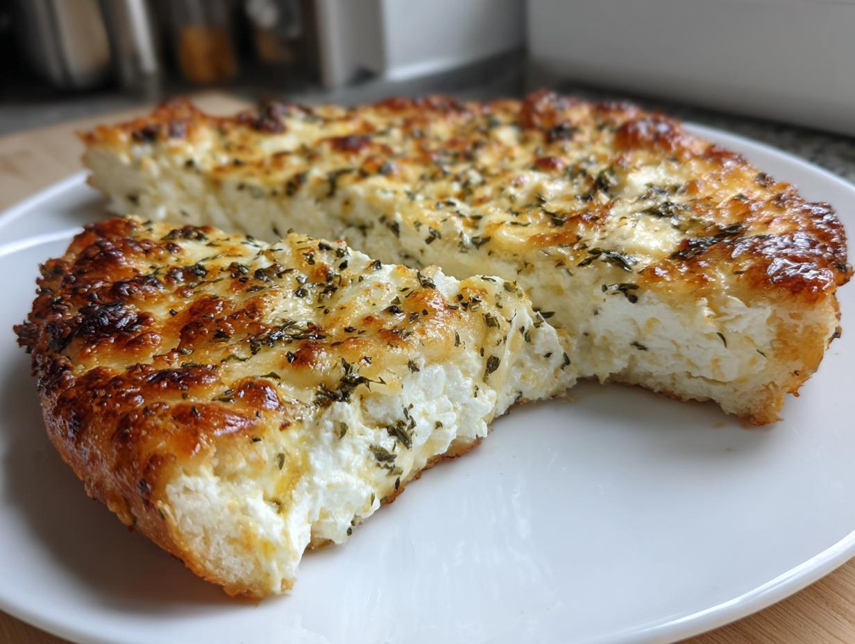 A thick slice of ultimate white pizza showing a rich, creamy ricotta filling and a golden, bubbly cheese topping sprinkled with herbs.