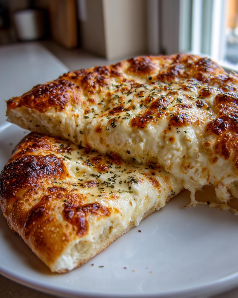 Two thick slices of ultimate white pizza stacked on a white plate, featuring bubbly, browned cheese and herbs.