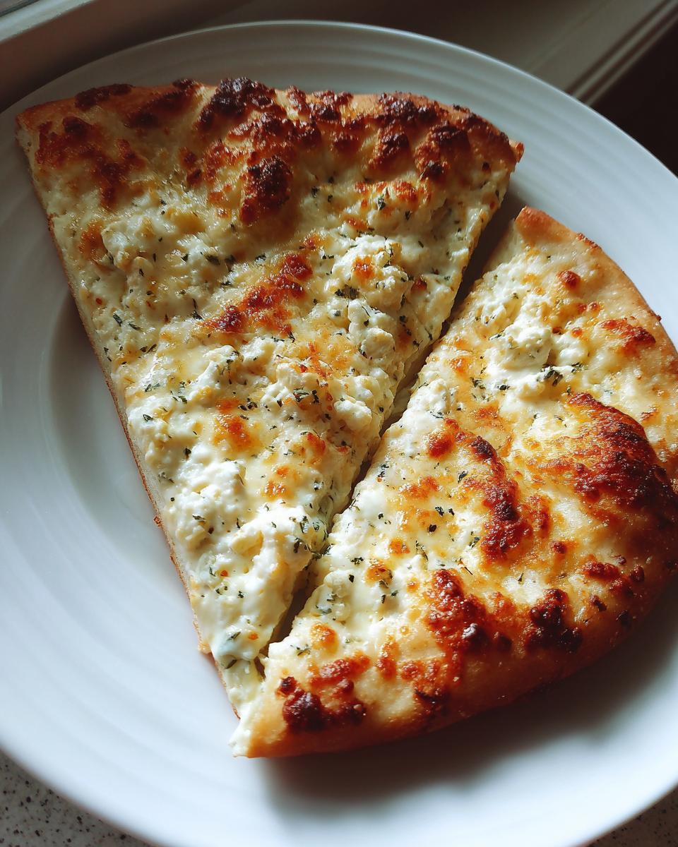 Two slices of ultimate white pizza, featuring a thick layer of ricotta and melted mozzarella, served on a white plate.