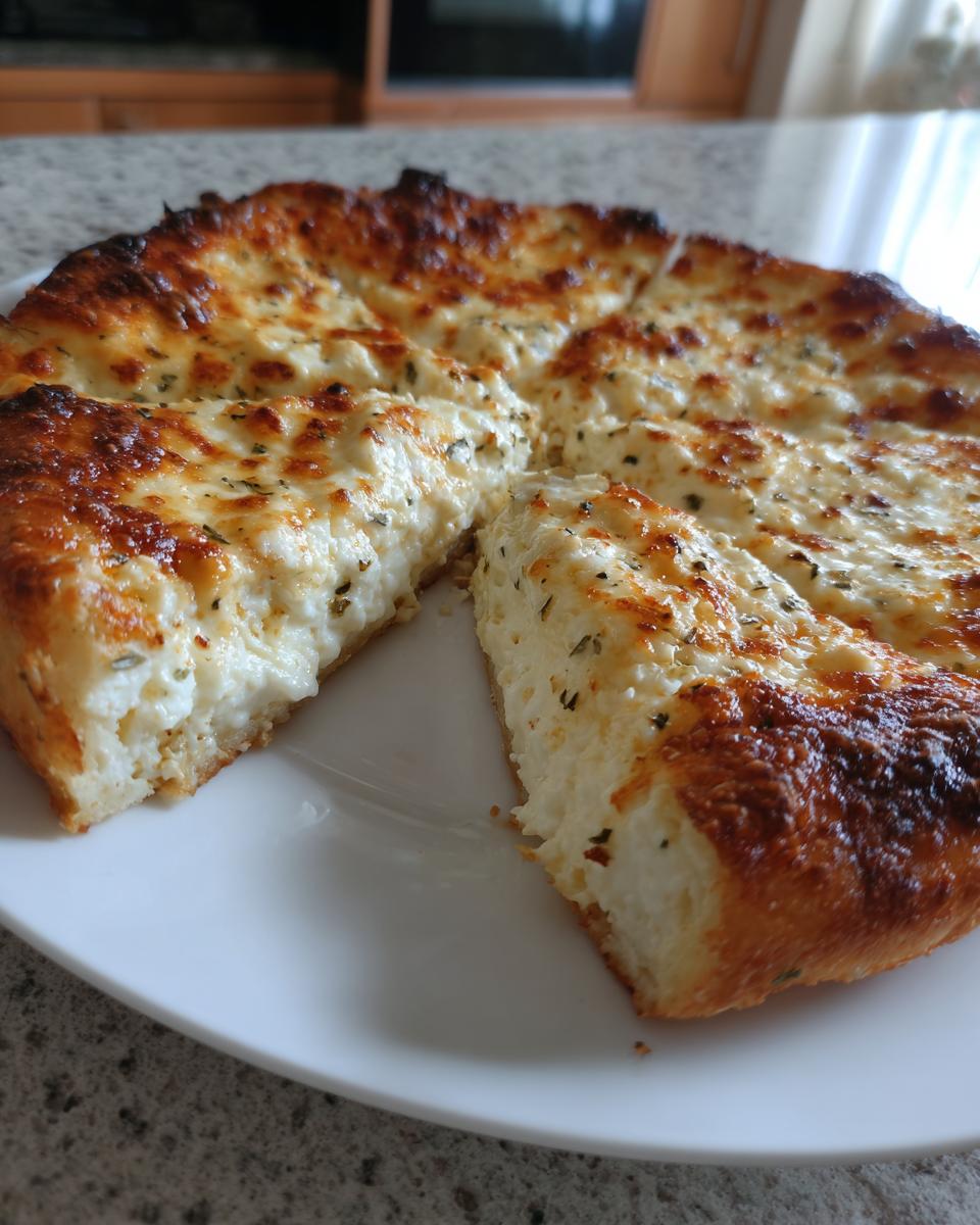 A thick-crust white pizza, sliced and showing a rich, creamy ricotta or cheese filling, baked until golden brown.