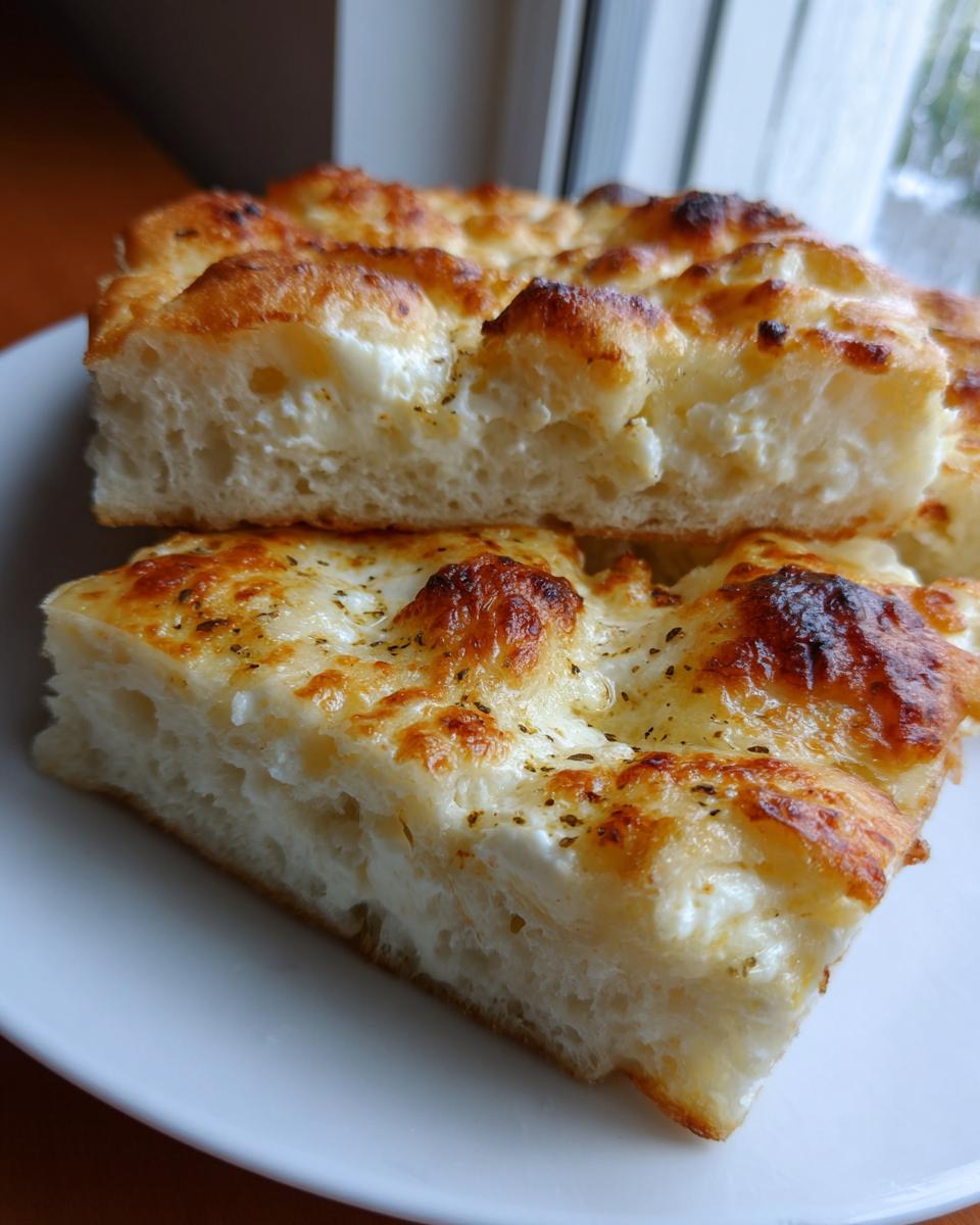 Close-up of two thick slices of ultimate white pizza showing the fluffy interior and bubbly, browned cheese topping.