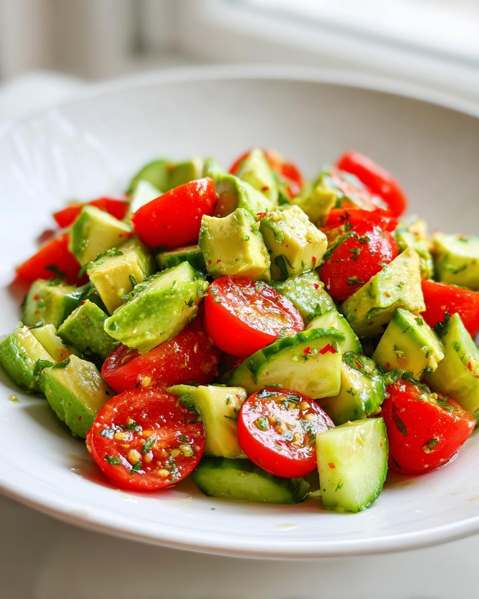 Close-up of a fresh avocado salad featuring diced avocado, halved cherry tomatoes, and cucumber pieces tossed in a light dressing.