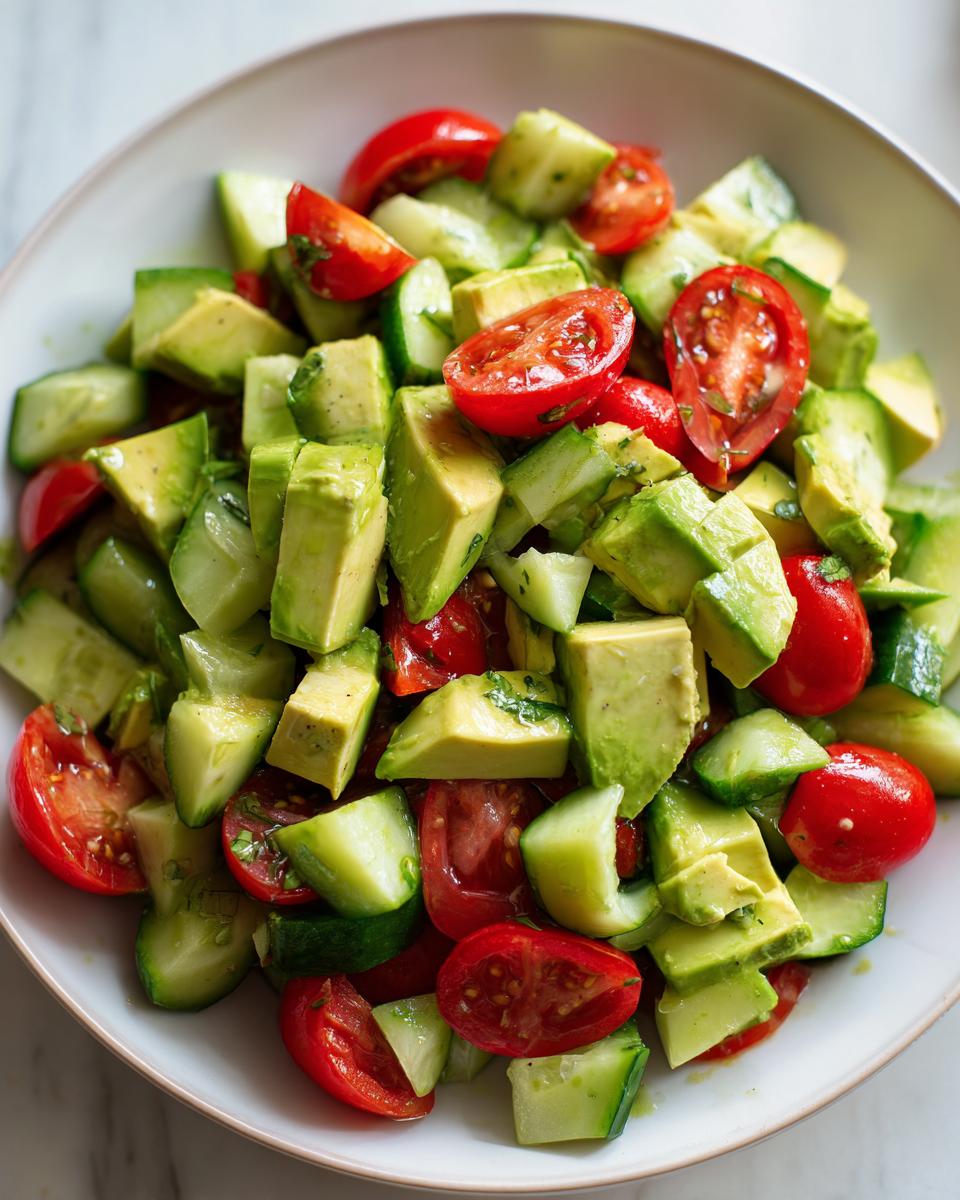 Close-up of a fresh avocado salad featuring diced avocado, cucumber chunks, and halved cherry tomatoes.