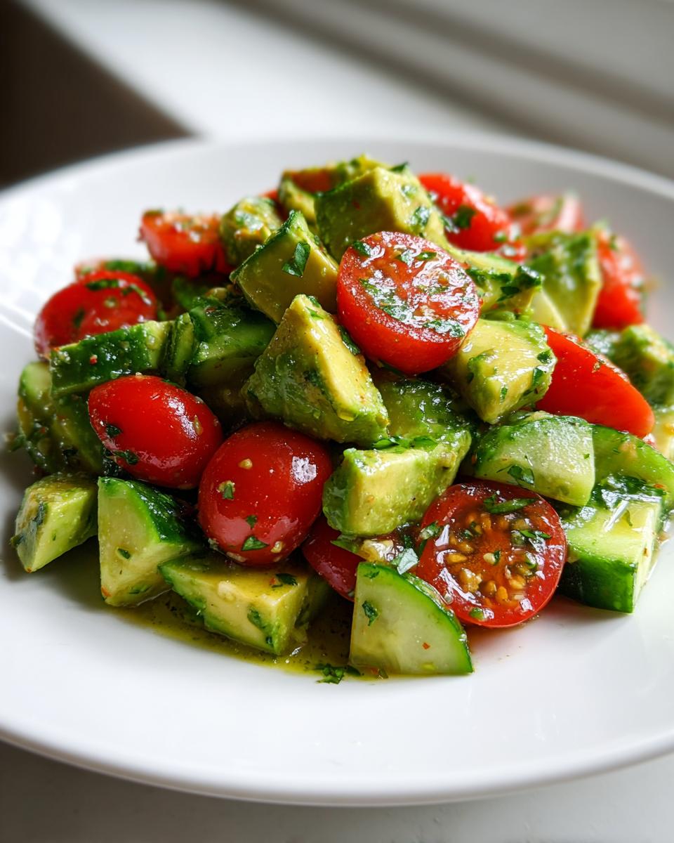 Close-up of a fresh avocado salad featuring diced avocado, halved cherry tomatoes, and cucumber chunks tossed in a light vinaigrette.