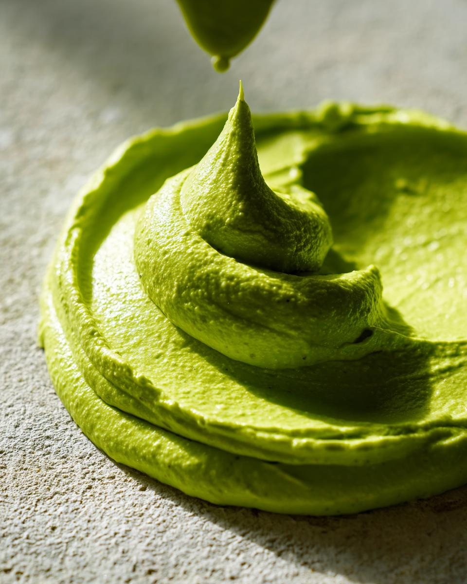 Close-up of thick, vibrant green avocado sauce swirled into a peak, with a drop falling from above.