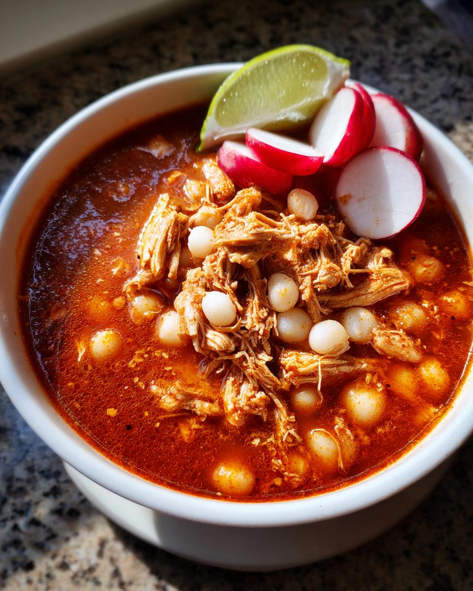Close-up of a white bowl filled with rich red chicken pozole, topped with shredded chicken, hominy, radishes, and a lime wedge.