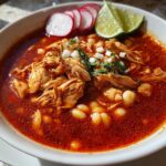 A close-up of a rich red bowl of chicken pozole, topped with shredded chicken, hominy, onions, and cilantro, served with radishes and lime wedges.