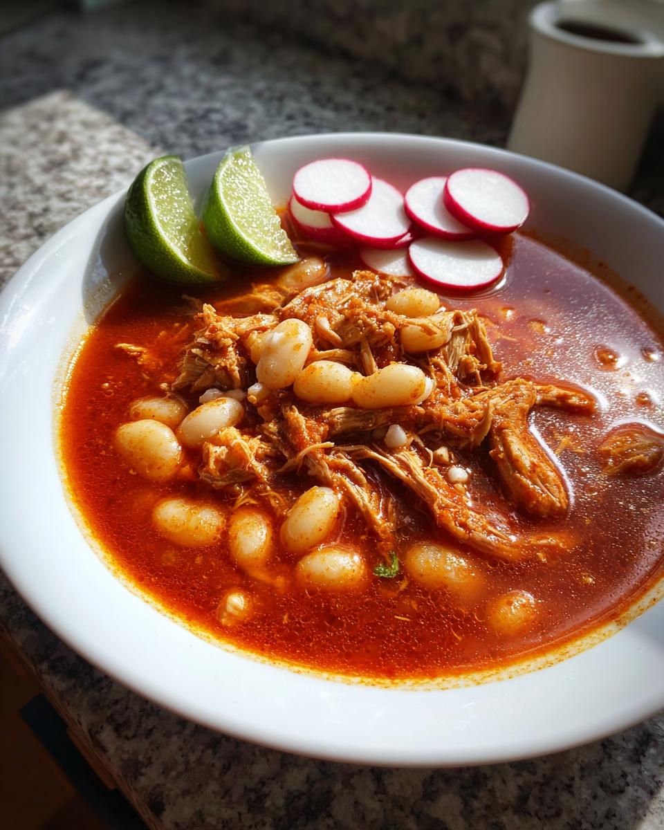 A close-up of a bright red bowl of chicken pozole with hominy, garnished with lime wedges and sliced radishes.