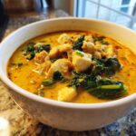 Close-up of a white bowl filled with rich, yellow coconut curry soup featuring chunks of chicken and dark green wilted spinach.