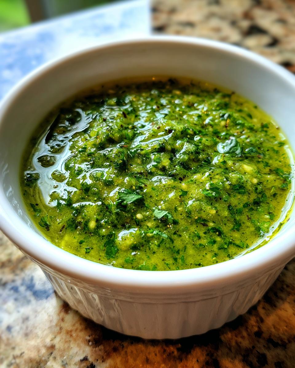Close-up of vibrant, chunky green tomato salsa, rich with herbs and oil, served in a small white bowl.