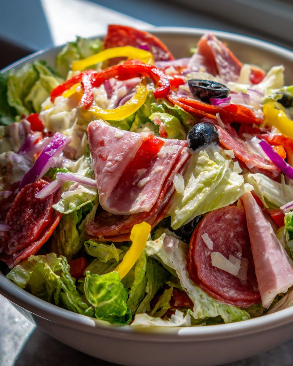A vibrant close-up of a grinder salad featuring lettuce, various deli meats, yellow and red peppers, red onion, and black olives.