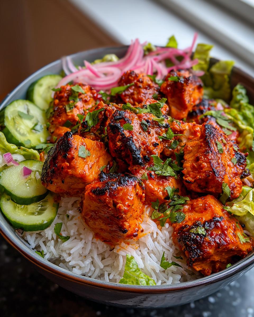 Close-up of a bowl featuring vibrant orange harissa chicken pieces served over white rice with sliced cucumbers and pickled onions.