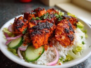 Close-up of vibrant red, charred harissa chicken pieces served over white rice, lettuce, cucumber, and red onion slices.