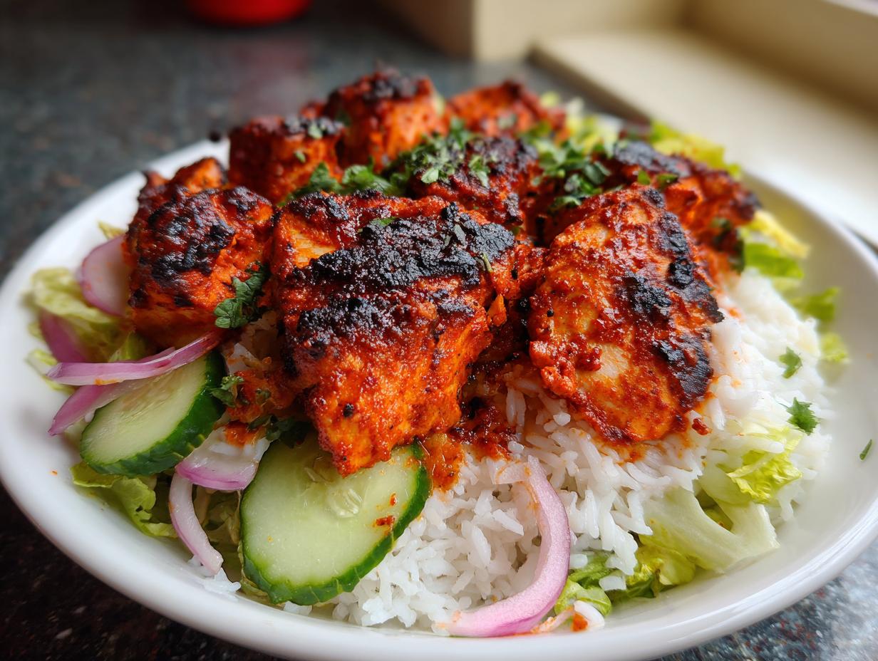 Close-up of vibrant red, charred harissa chicken pieces served over white rice, lettuce, cucumber, and red onion slices.