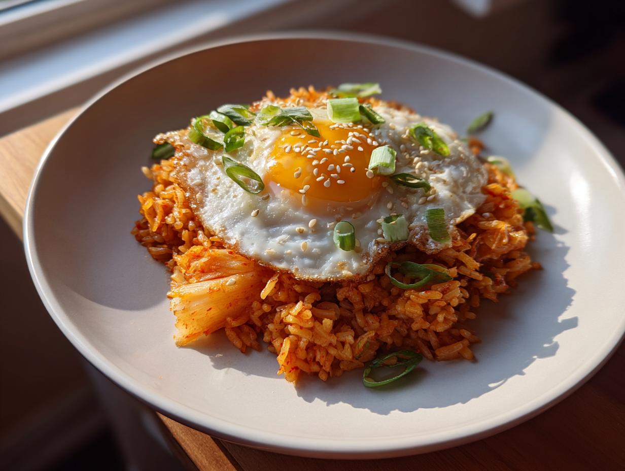 A vibrant bowl of kimchi fried rice topped with a sunny-side-up egg, sesame seeds, and green onions.