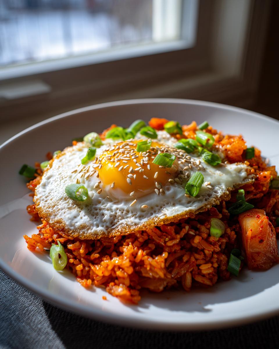 A vibrant plate of kimchi fried rice topped with a sunny-side-up egg sprinkled with sesame seeds and green onions.