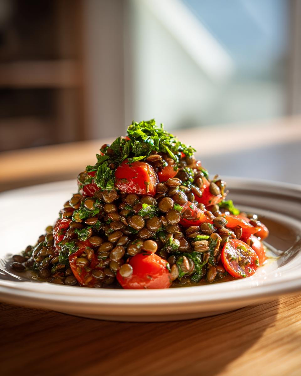 Close-up of a vibrant lentil salad piled high on a white plate, featuring brown lentils, halved cherry tomatoes, and fresh parsley.